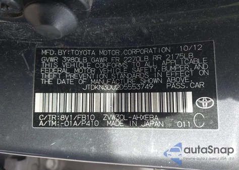 2013 Toyota Prius Two from USA, damaged, VIN JTDKN3DU2D5553749